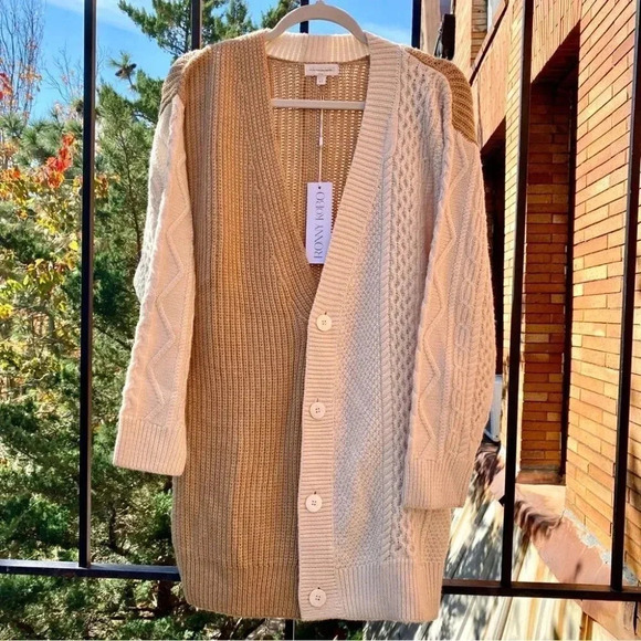 NWT Anthropologie Ronny Kobo Cardigan Cardi Sweater Knit Brown Cream XS - Picture 2 of 15
